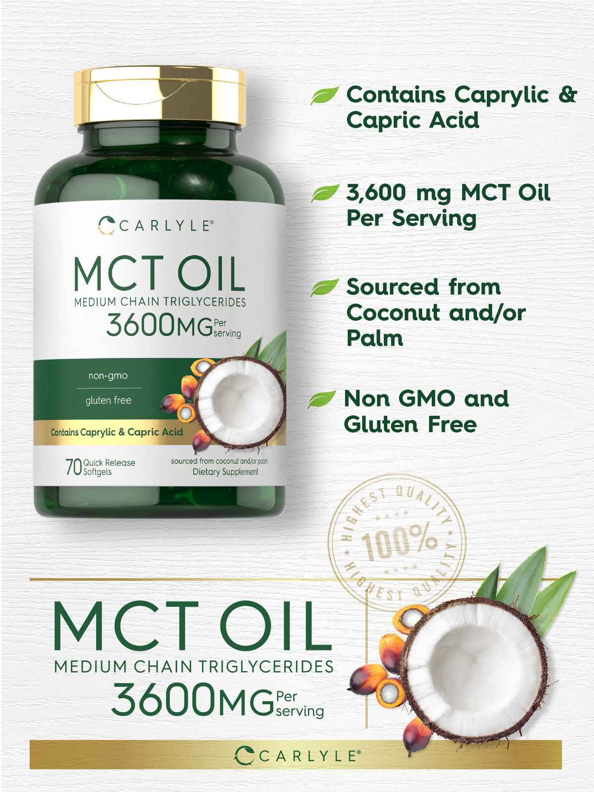 MCT Oil Capsules 3600 mg | 70 Softgels | Keto Coconut Oil Pills | by Carlyle