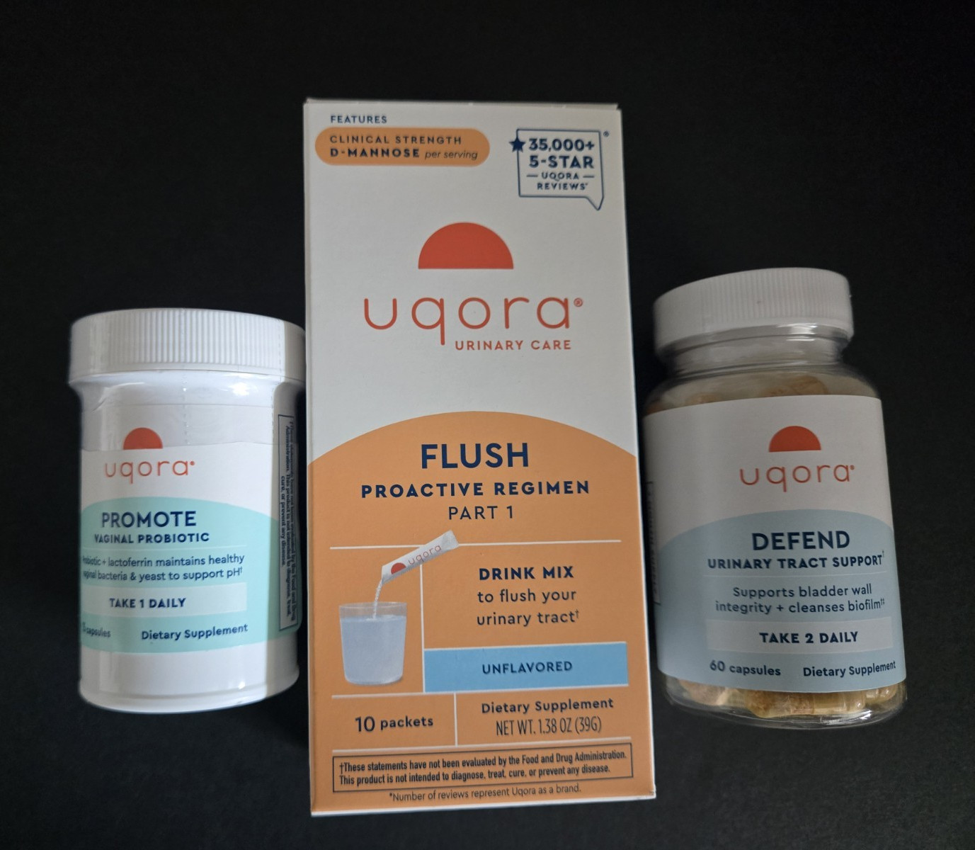 Uqora Flush Unflavored Drink Mix 10 Packets + Defend 60 Capsules + Promote