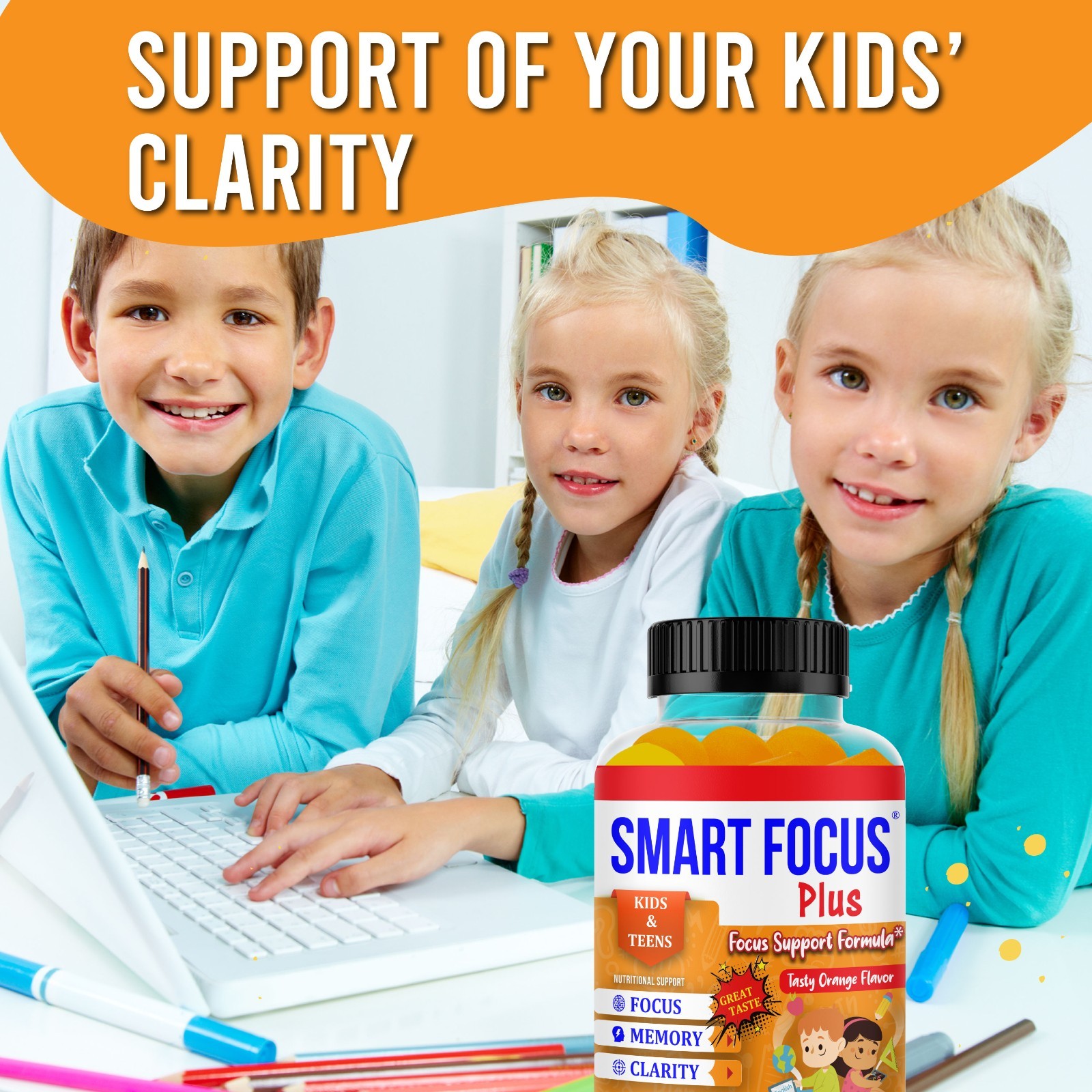 Smart Focus Gummy for Kids & Teens with DHA Omega 3 Brain & Memory Vitamins-60ct