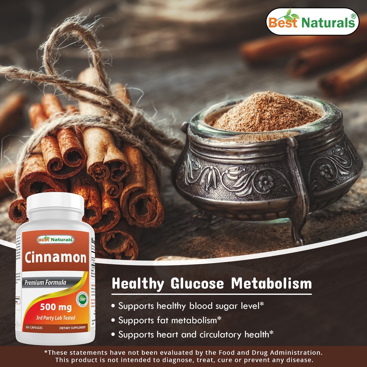2 Pack Best Naturals Cinnamon 500 mg 250 Capsules