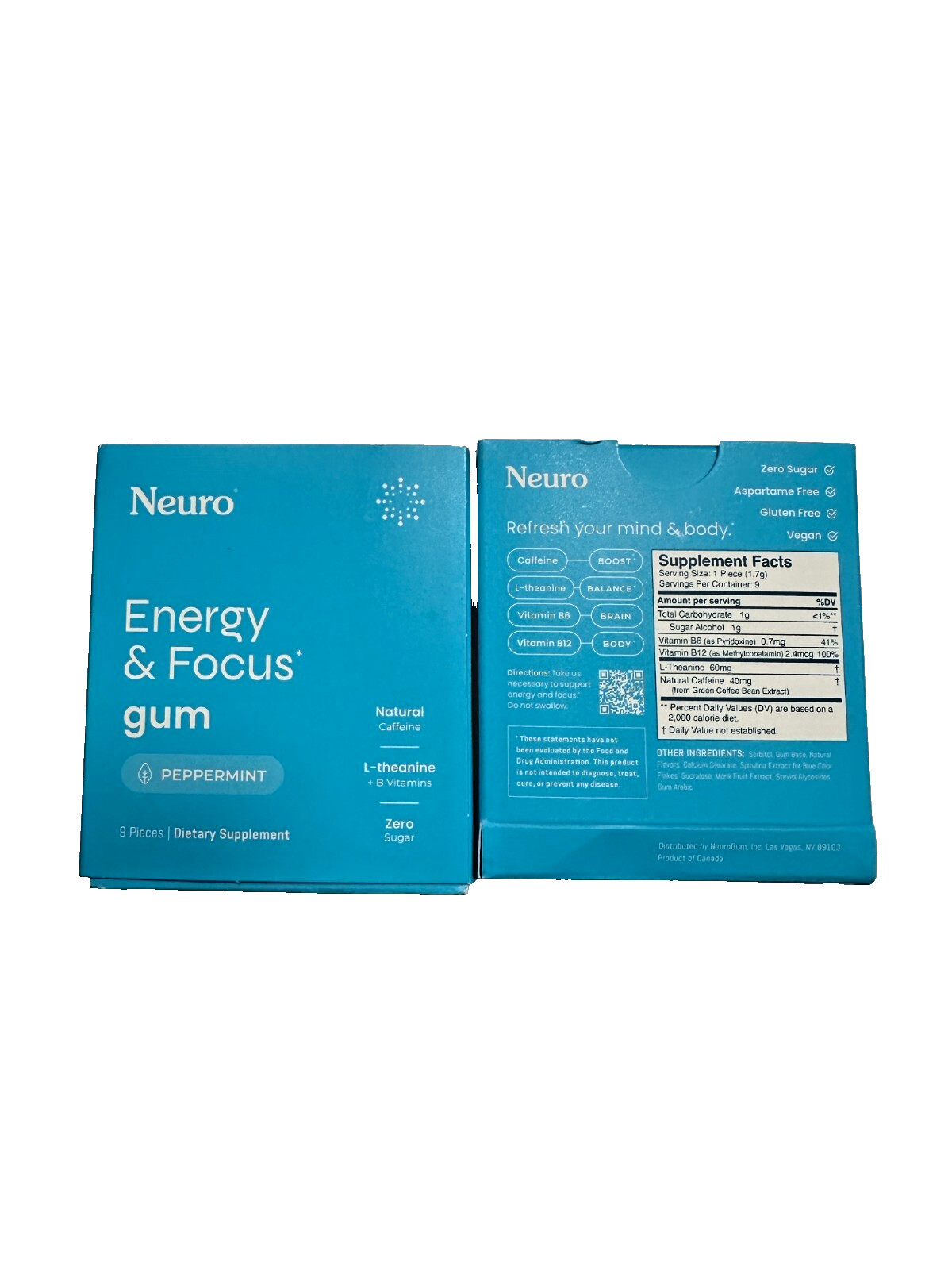 Neuro Gum L-theanine B-12 Nootropics Caffeine 2pk 18 pcs Energy & Focus