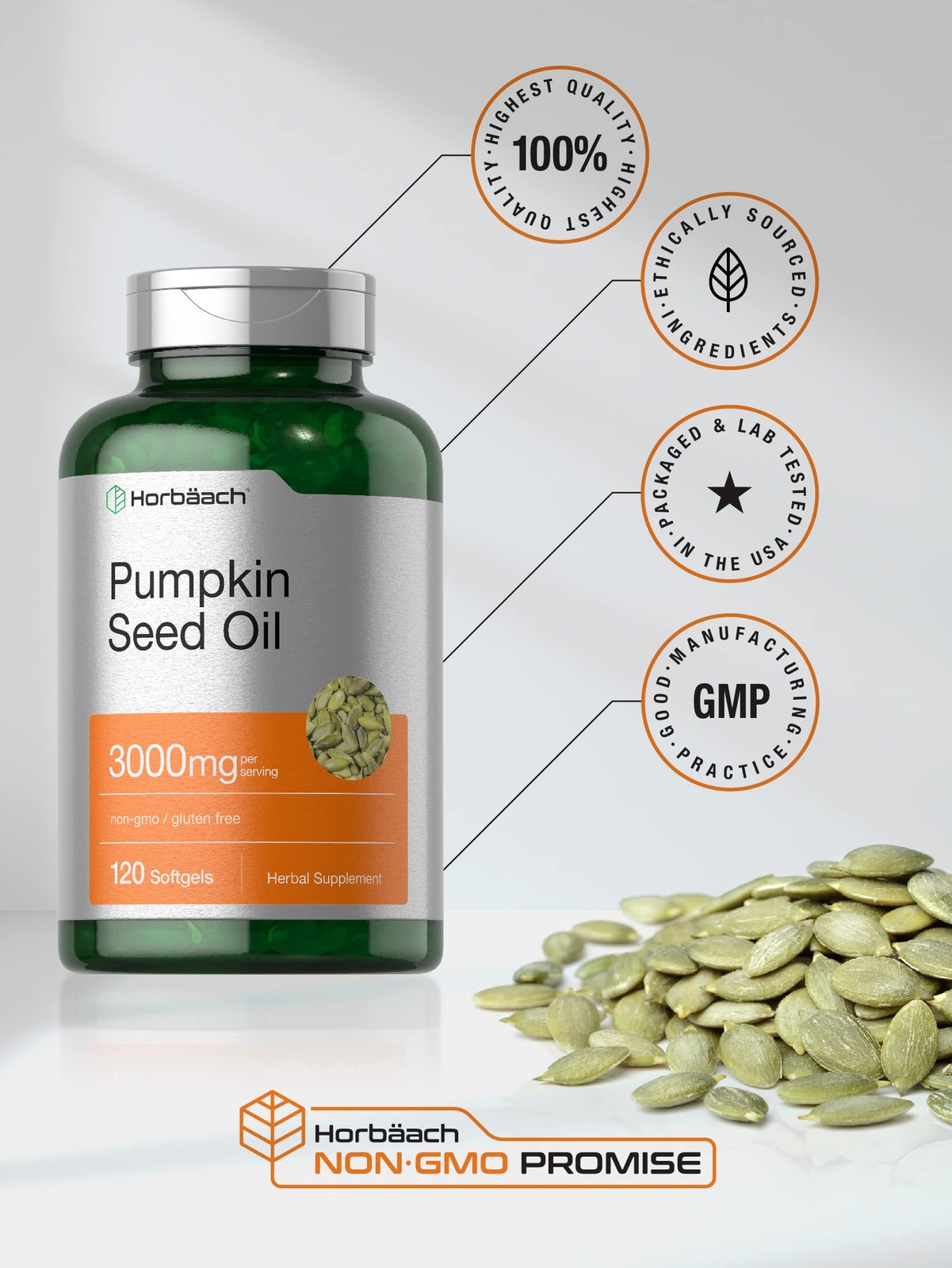 Horbäach Pumpkin Seed Oil | 3000mg | 120 Softgel 120 Count (Pack of 1)