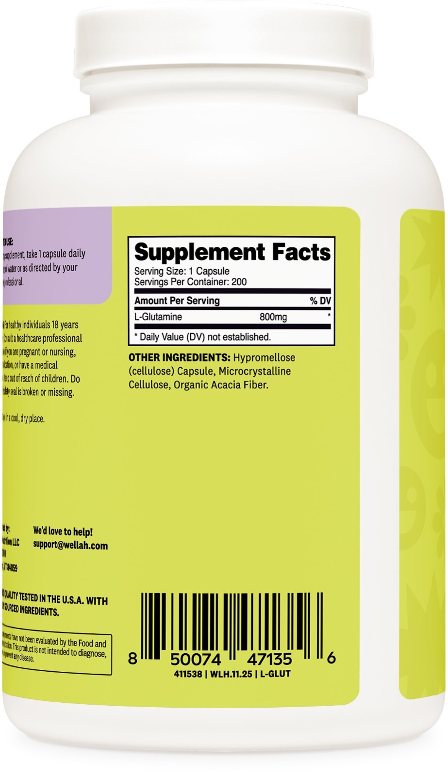 Wellah L-Glutamine Supplement for Women (800mg) 200 Capsules