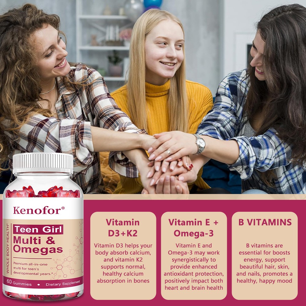 Teen Girl Multivitamin Gummies Omega 3 Fish Oil Support Hair Skin Nails 60 CT US
