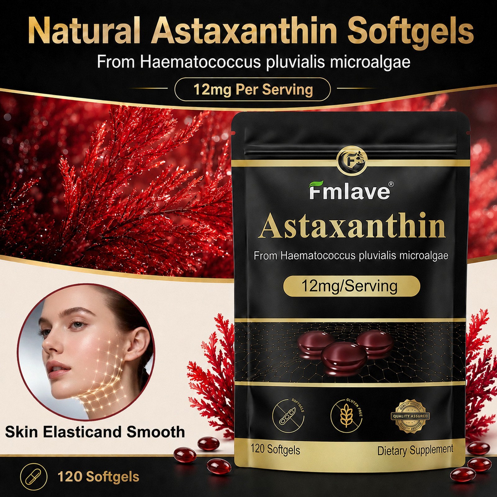 Astaxanthin 12mg 120gels Fresh Microalgae Source Antioxidant/Skin/Eye/Joint