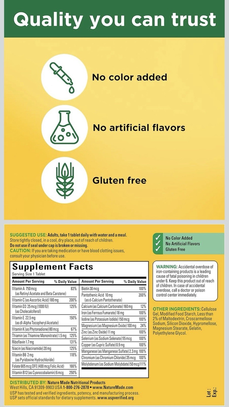 Nature Made Multi Multivitamin Tablets Vitamin A C D3 E Iron 130 Ct Gluten Free