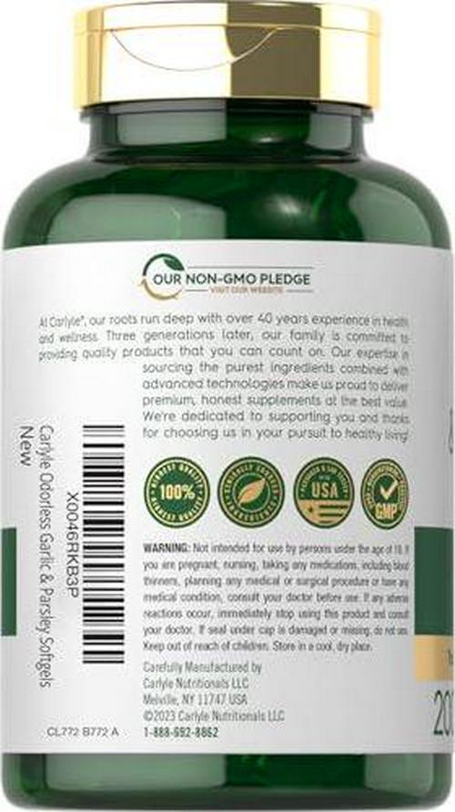 Carlyle Odorless Garlic and Parsley 1800mg | 200 Softgels | Non-GMO, Gluten Free
