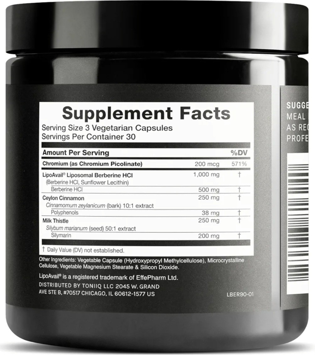 Toniiq Liposomal Berberine High-Strength 1,500mg Complex Weight & Metabolic 90ct