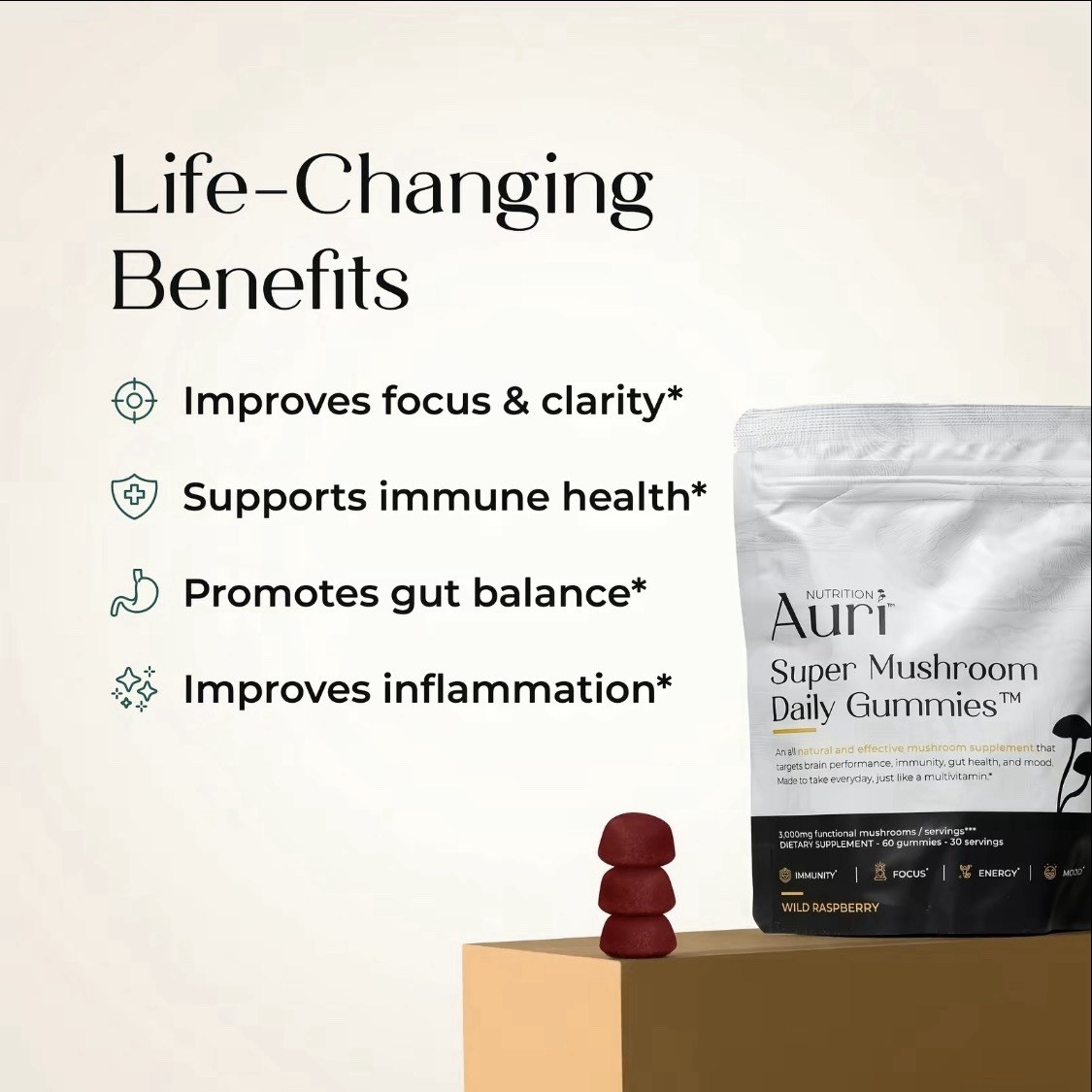 Auri Super Mushroom Daily Gummies Immune Energy Mood Support Wild Raspberry 60