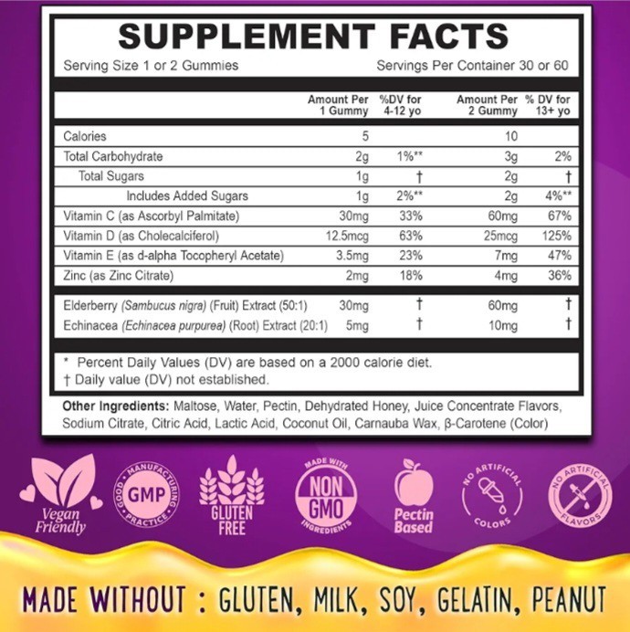 Oh My Chewy Elderberry Gummies Immunity Support Real Honey & Lemon Kids 60CT