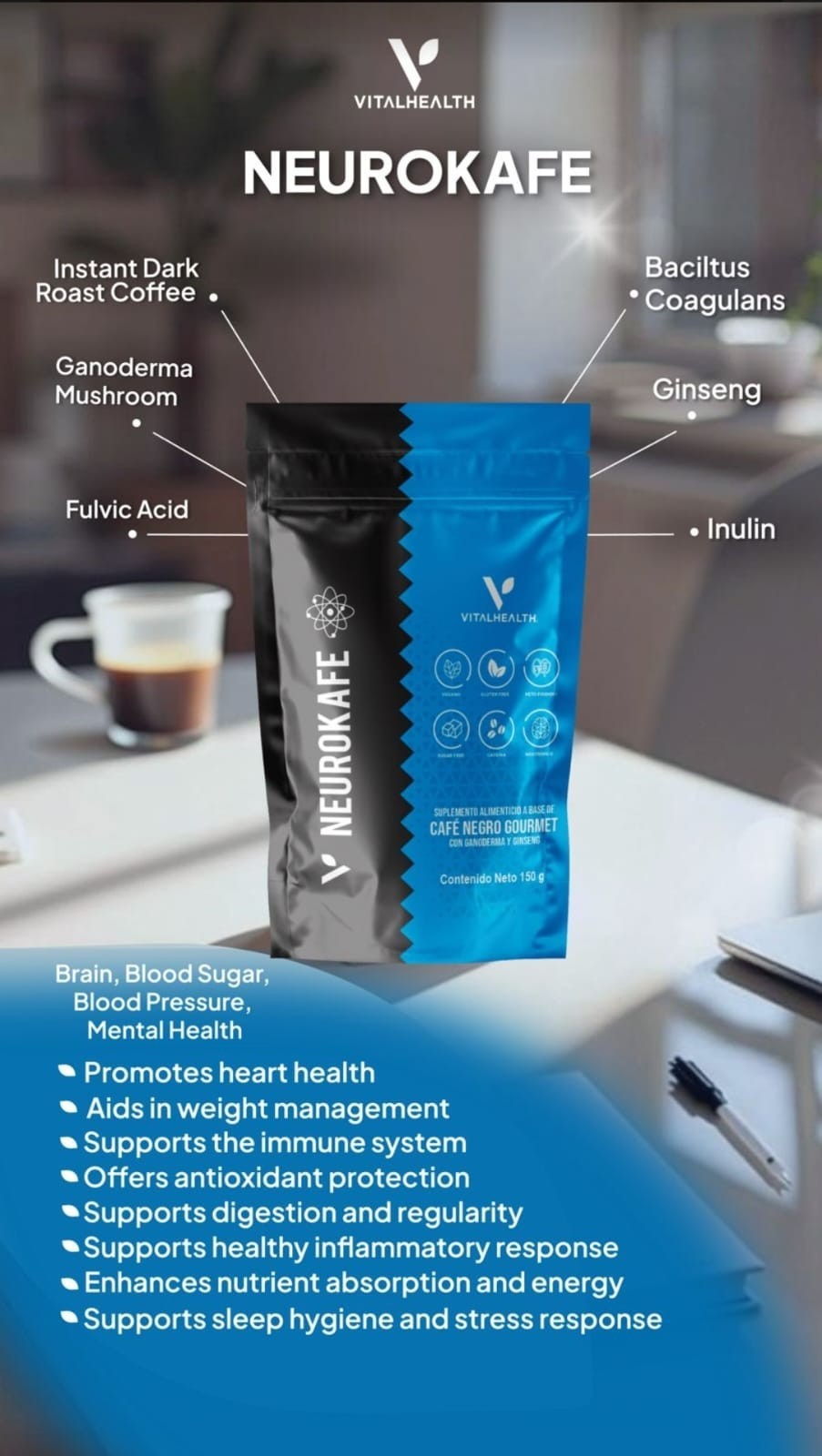 V-Neurokafe Premium Coffee Vegan Keto Friendly Ginseng, Nootropic Blend, 150g