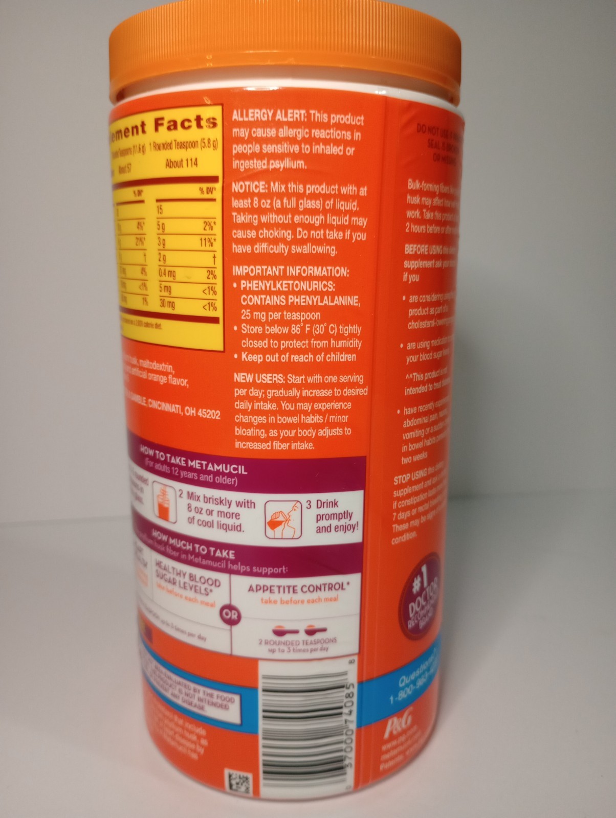 Metamucil Psyllium Husk Fiber Powder Sugar-Free Orange Flavor 23.3 oz