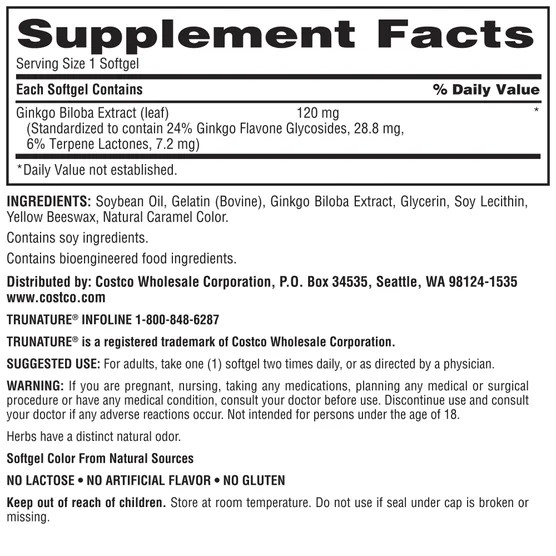 Trunature Ginkgo Biloba 120mg 340 Softgels Herbal Extract Supplement EXP: 08/27