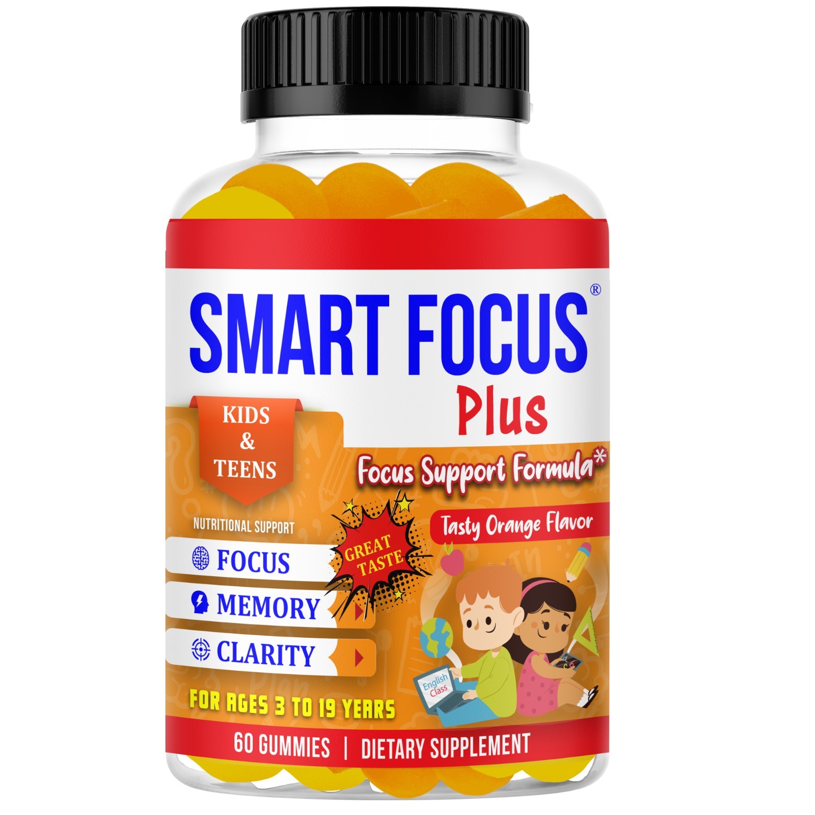 Smart Focus Gummy for Kids & Teens with DHA Omega 3 Brain & Memory Vitamins-60ct