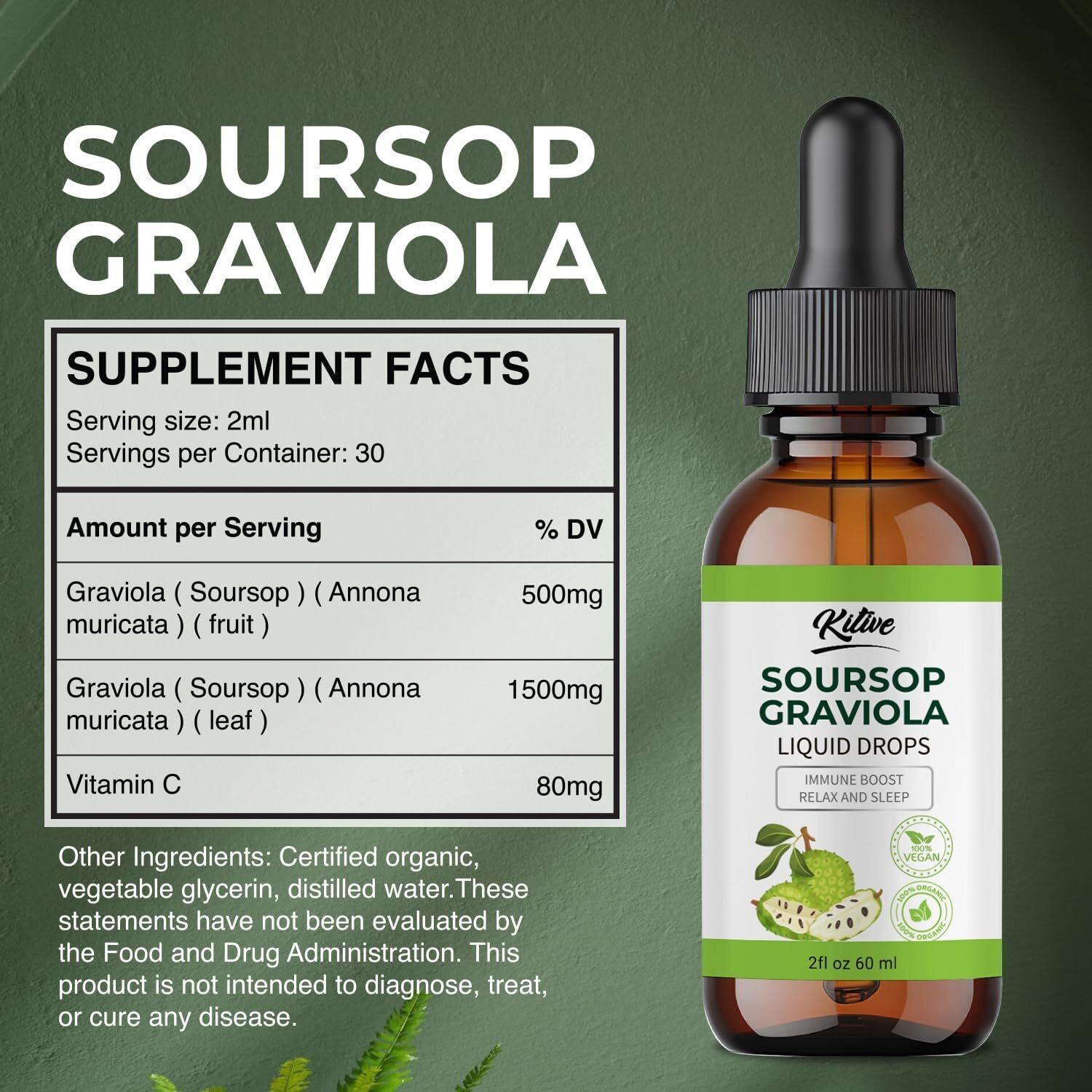 Kitive Soursop Graviola Liquid Drops Immunity Boost Relaxation & Sleep 2 fl oz