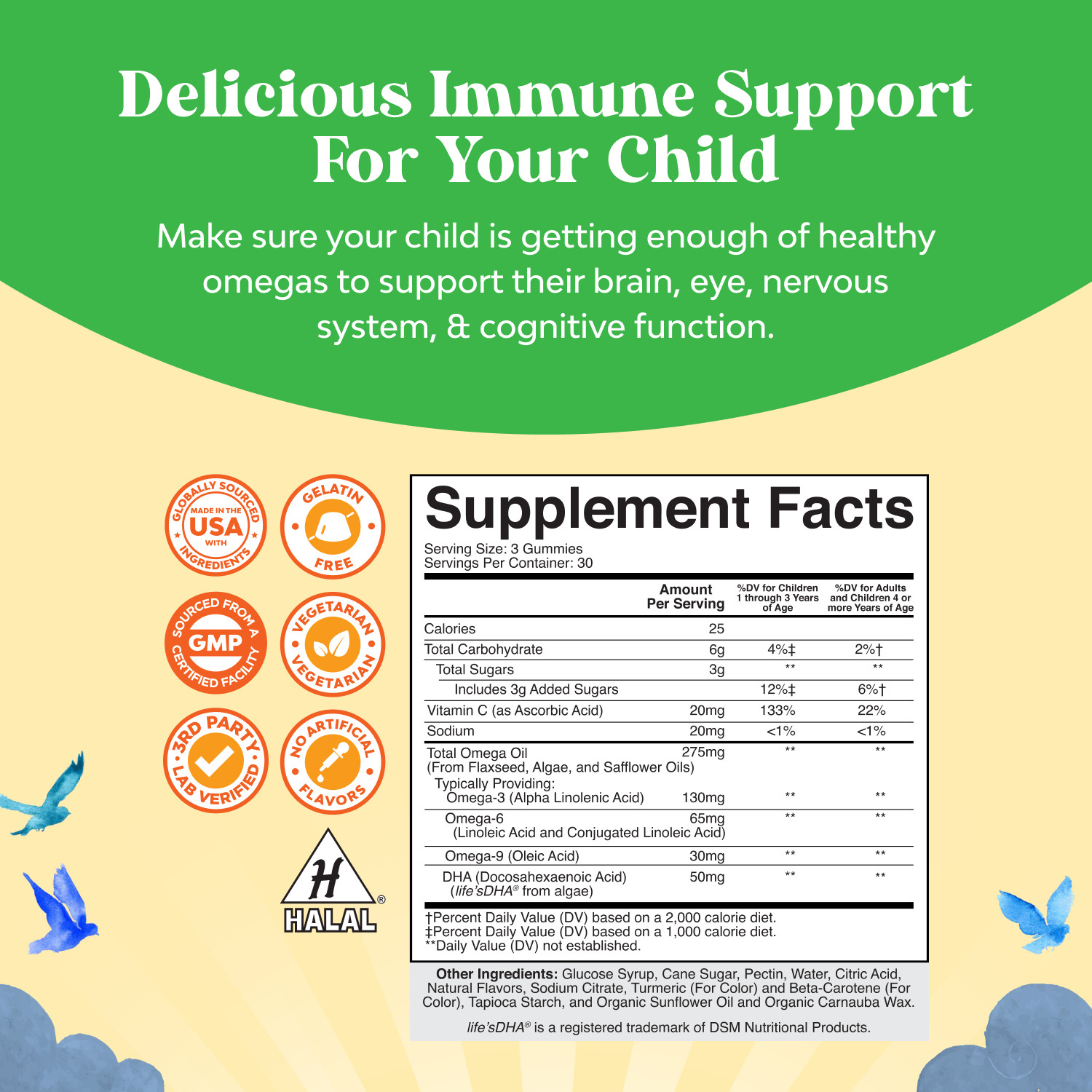 Kids DHA Omega 3 Gummies for Kids – Delicious Fish Free for Vision Brain 90ct