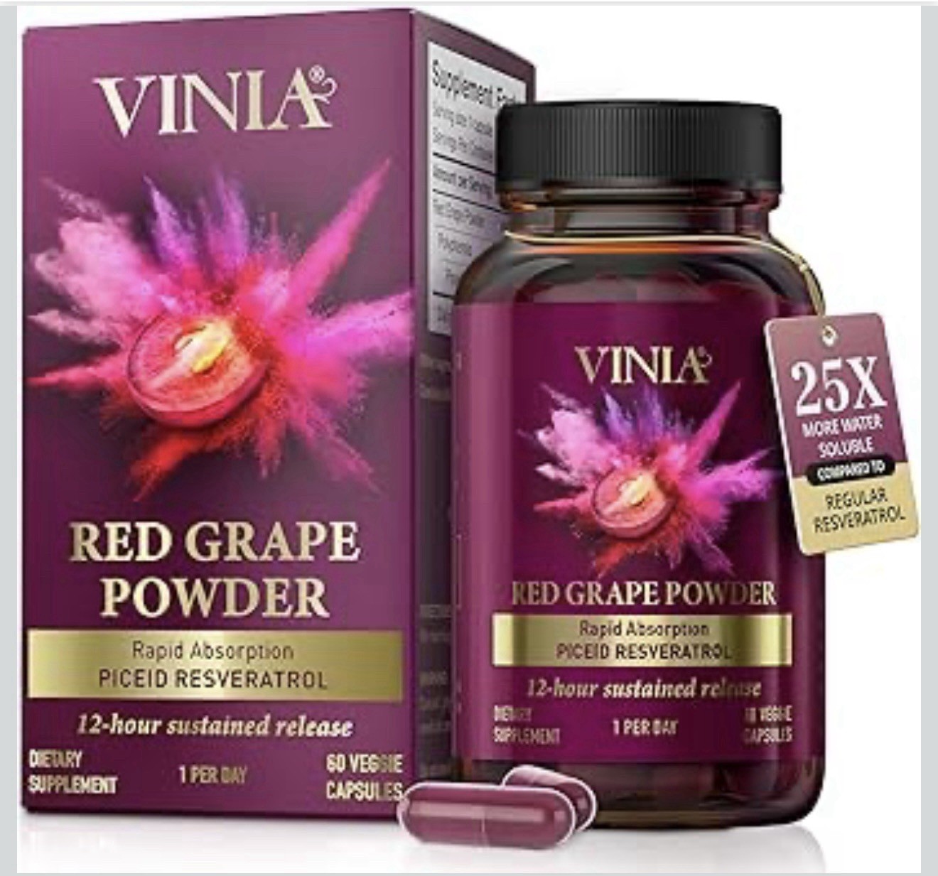 VINIA Blood Flow Capsules Red Grape Powder and Nitric Oxide Supplement 60 Caps