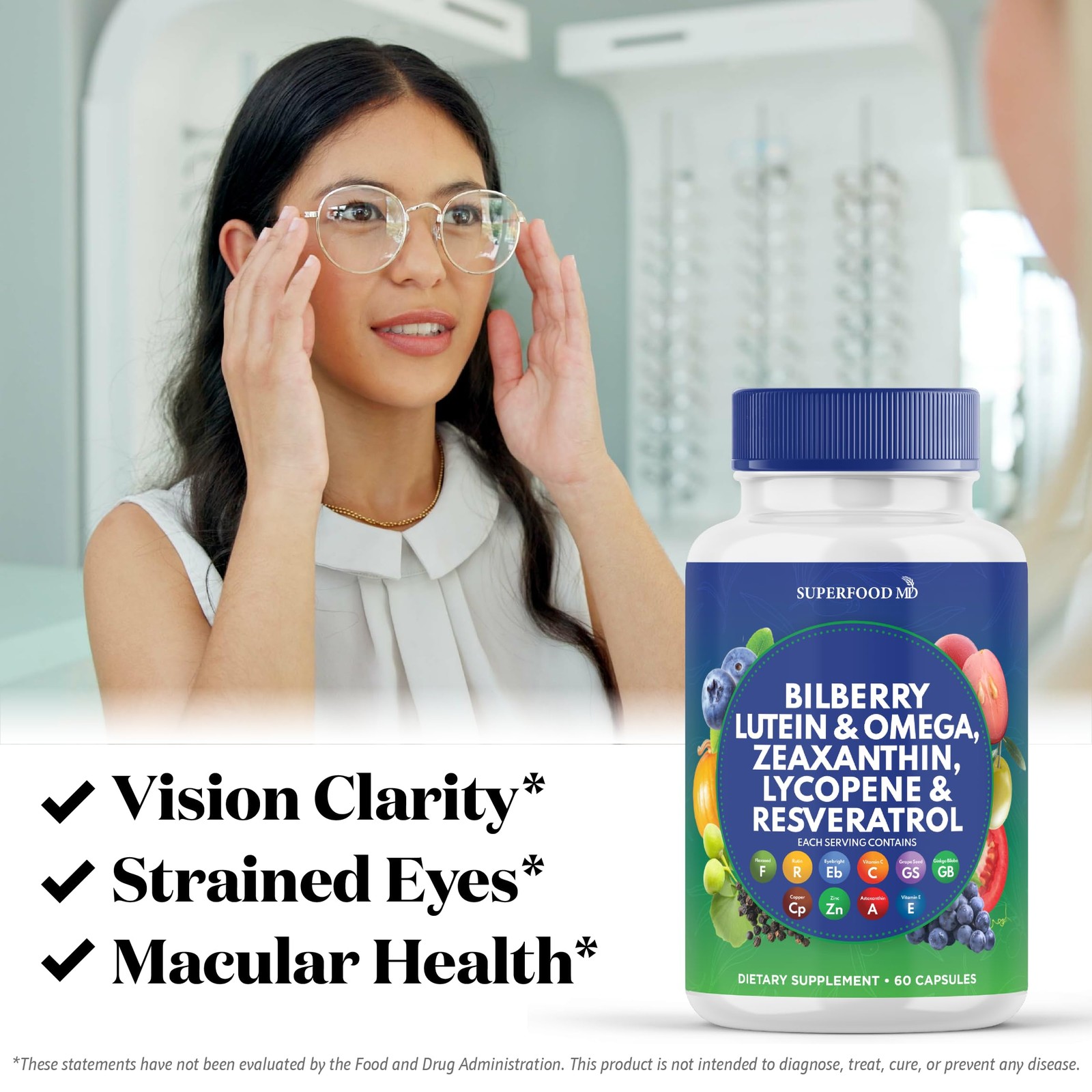 Superfood MD Eye Health Vitamins with Bilberry Lutein Zeaxanthin Lycopene 40…