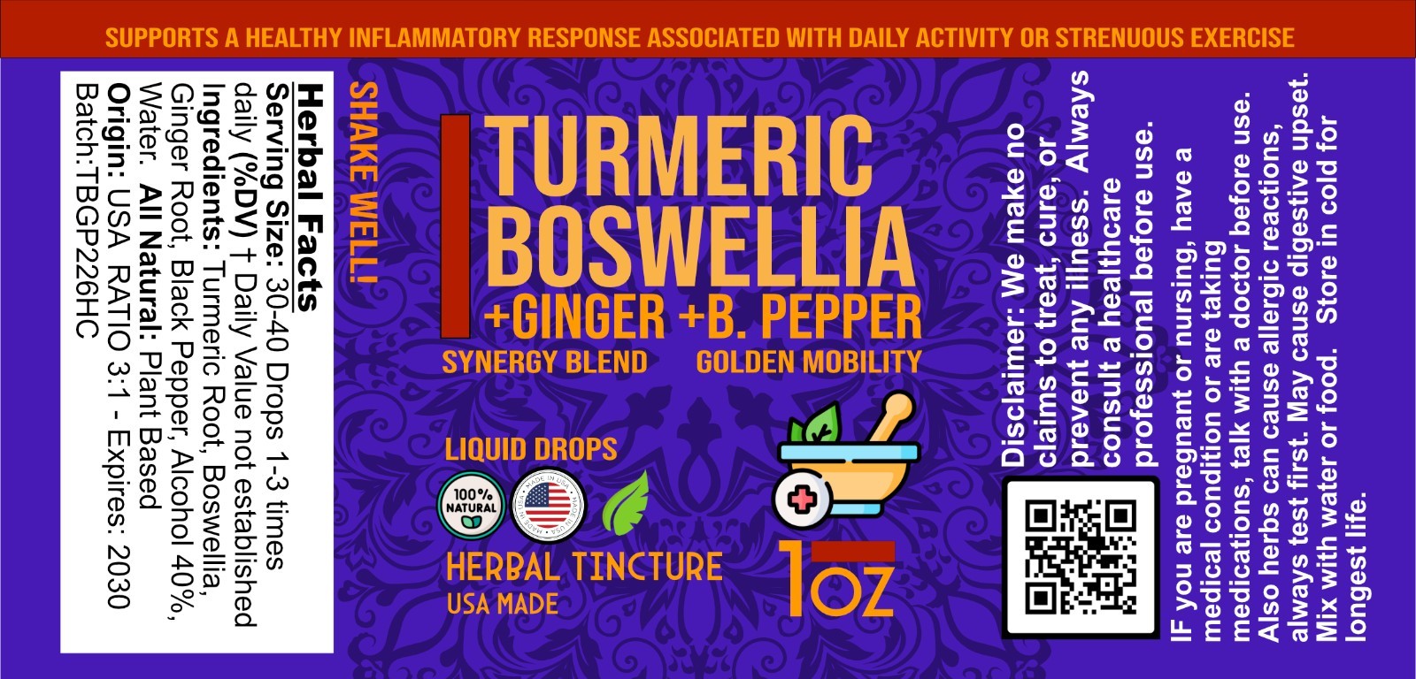 Joint & Mobility EASY Drops Turmeric Boswellia Ginger Tincture 1:3 Potency USA