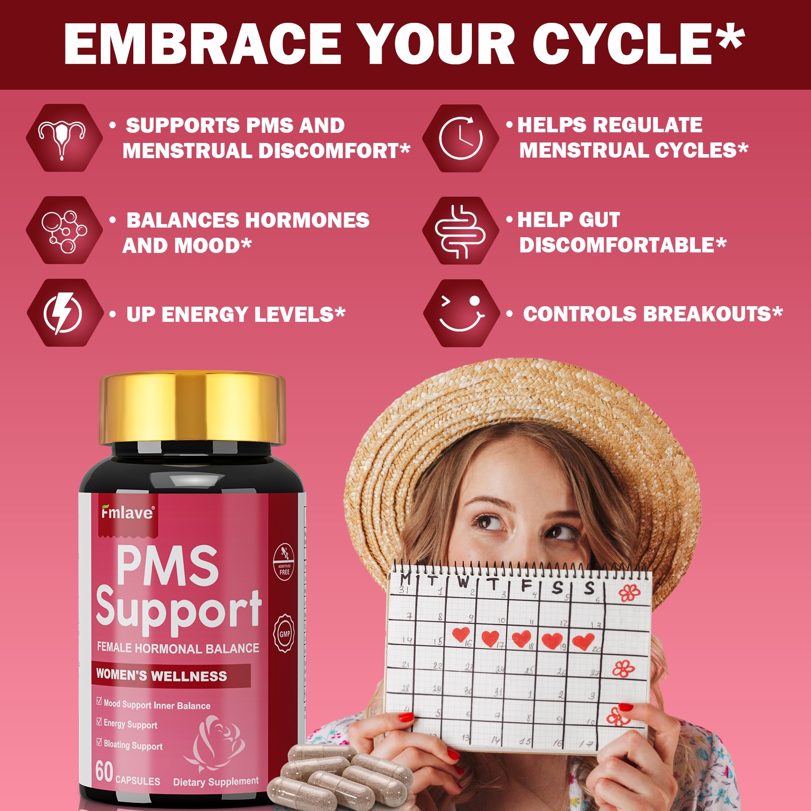 PMS Support Supplement for Women with PMS Relief Hormone Balance Period 60 caps