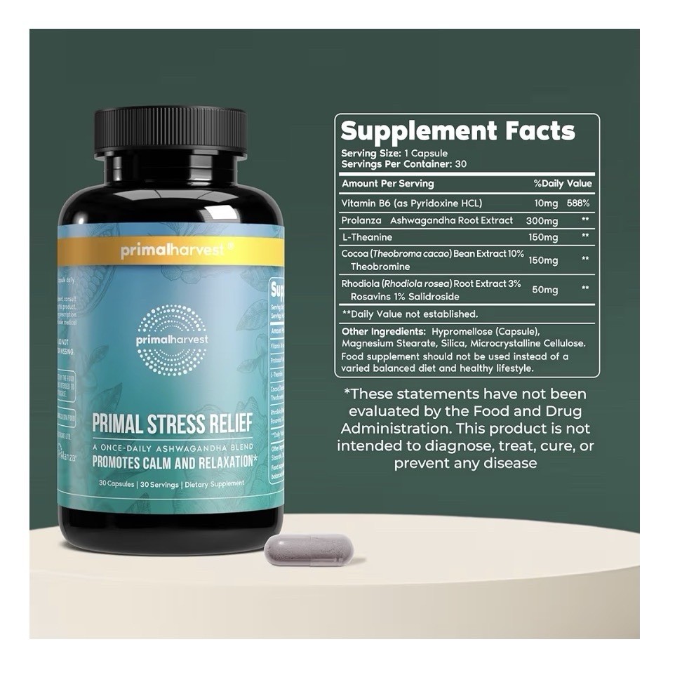 Primal Harvest Stress Relief Supplement Calm Relaxation for Women Men 30capsules
