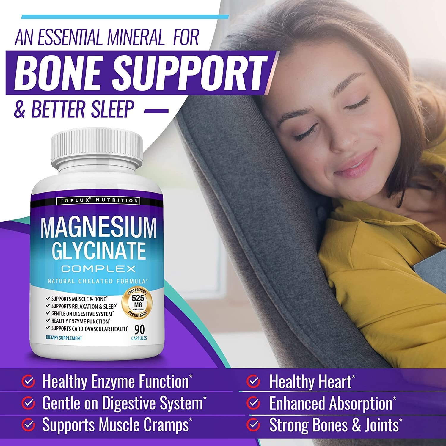 Magnesium Glycinate 525 MG Complex 90 Capsules125% DV High Absorption Magnesium