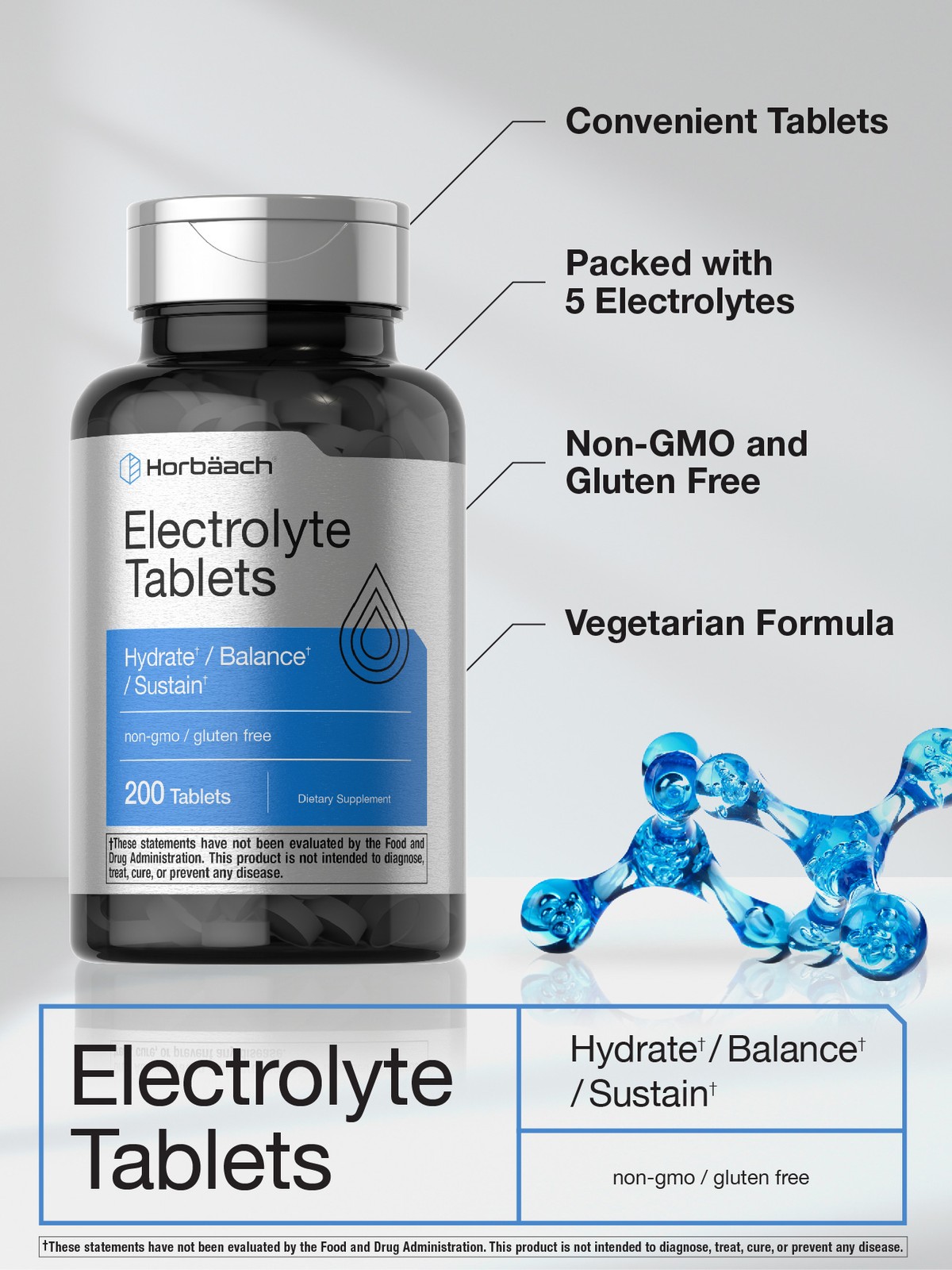 Electrolyte Tablets | 200 Count | Vegetarian, Non-GMO | by Horbaach