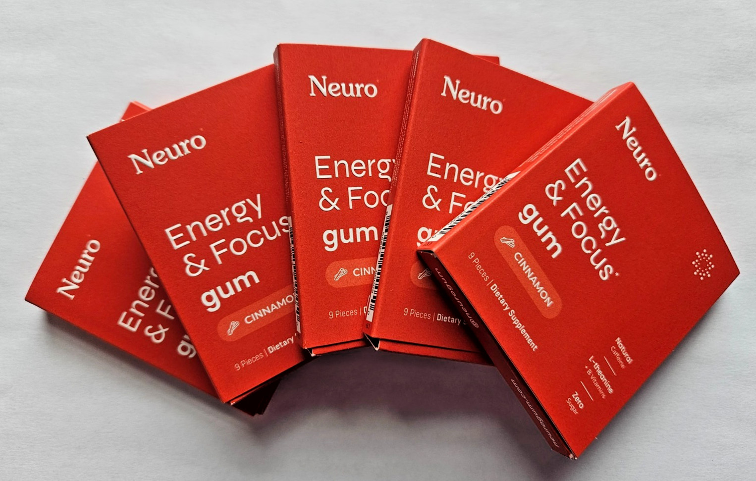 5 PK Neuro Gum CINNAMON Caffeine B-12 Natural Boost Energy Focus Fresh, EXP 2027
