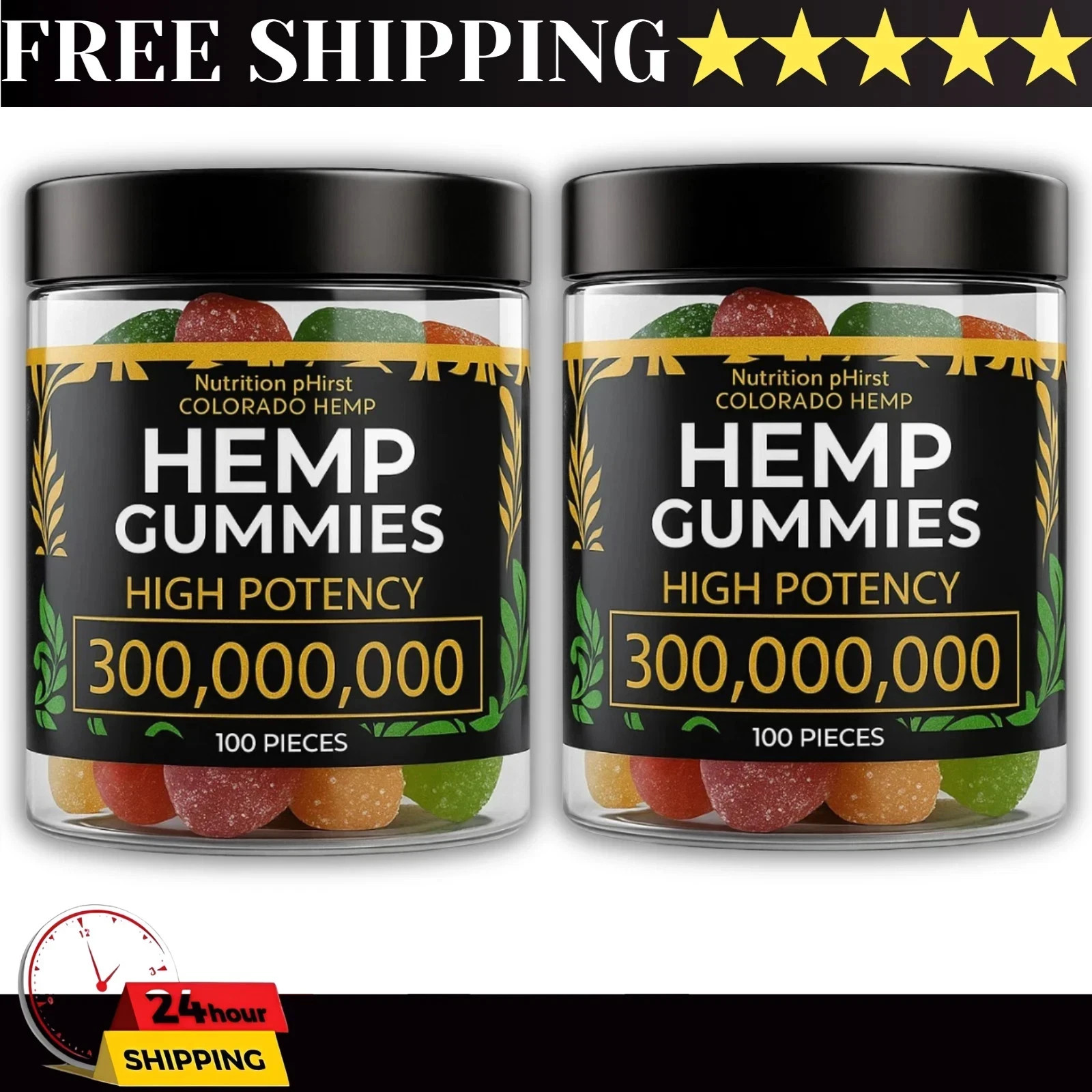 Hemp-Oil Gummies – Vegan – Pain, Sleep, Calm Anxiety Stress -Made in USA – 100ct