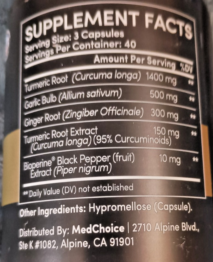 MedChoice Turmeric Bioperine Garlic Ginger Supplement 2360mg 120 Capsules