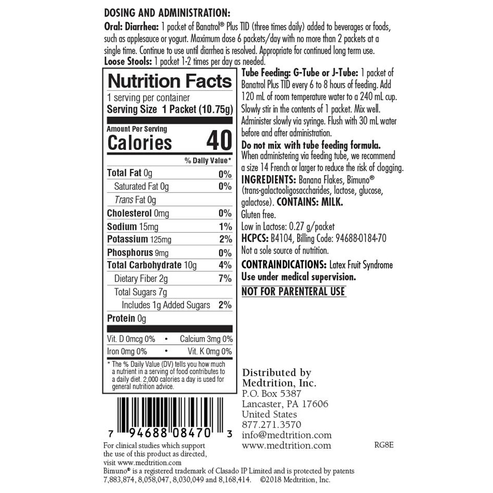 15 Pack Banatrol Plus Oral Supplement Fiber Banana Flavor Powder 11 Gram Packet