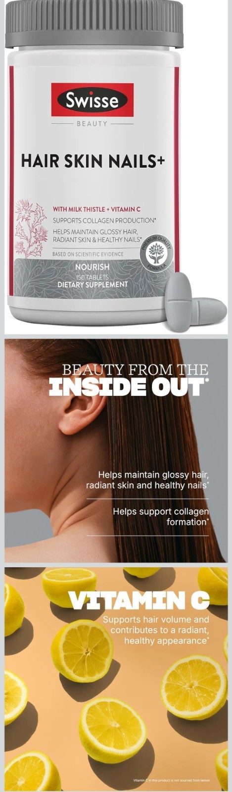Swisse Beauty Hair Skin Nails+ Milk Thistle + Vitamin C 150 Biotin Tab Exp 08/27