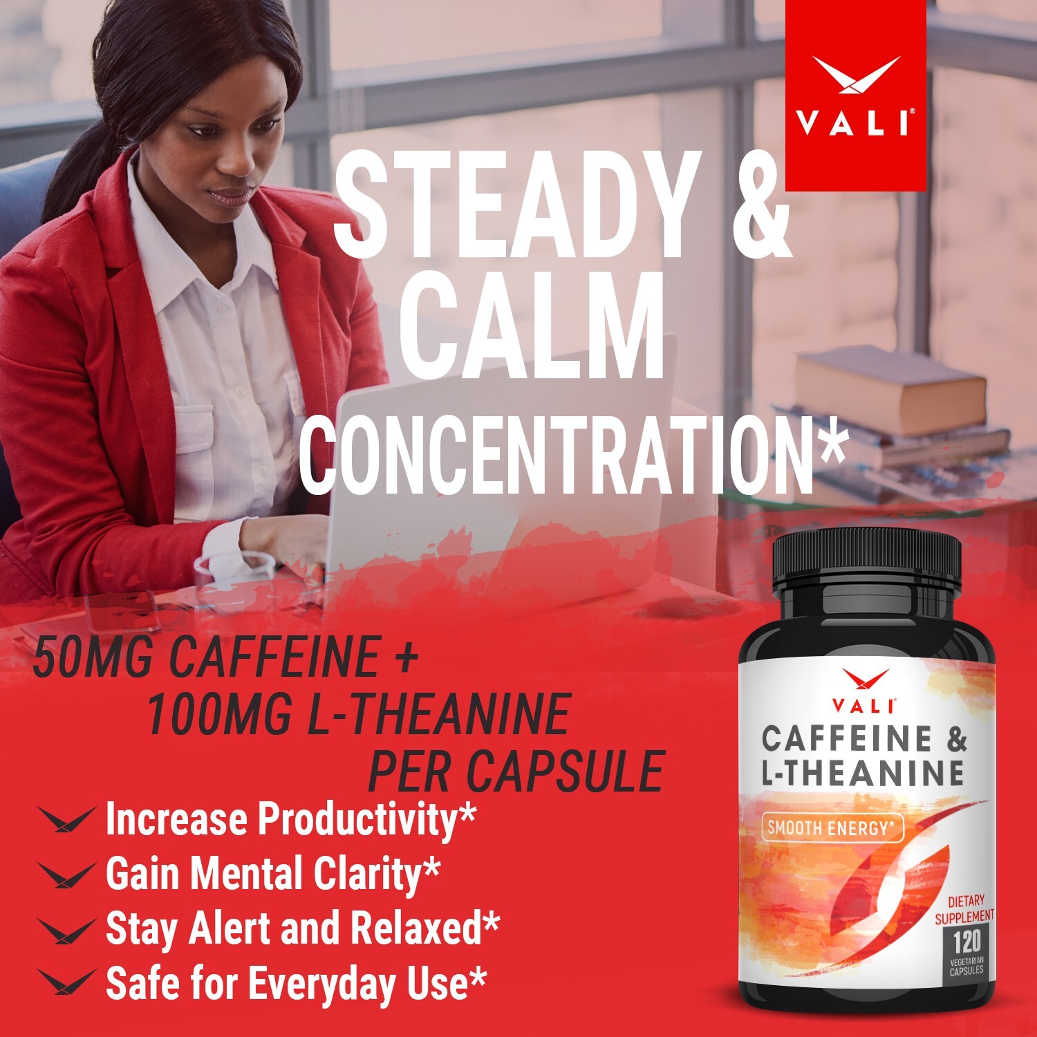 VALI Caffeine & L-Theanine Smooth Focused Energy Supplement, 120 Veg Caps