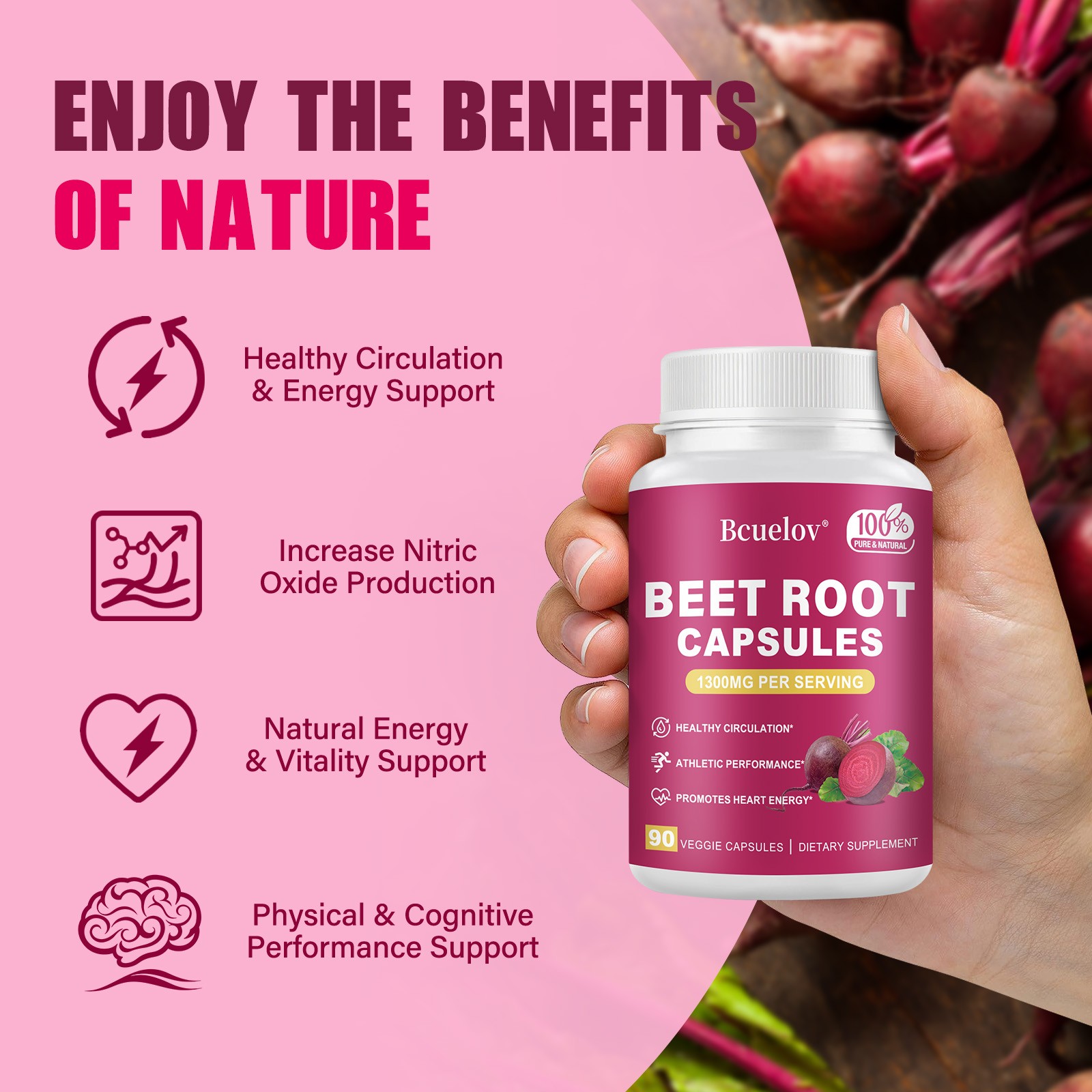 Beet Root Supplement Capsules 1300mg,Support Blood Flow,Energy & Endurance 90Pcs