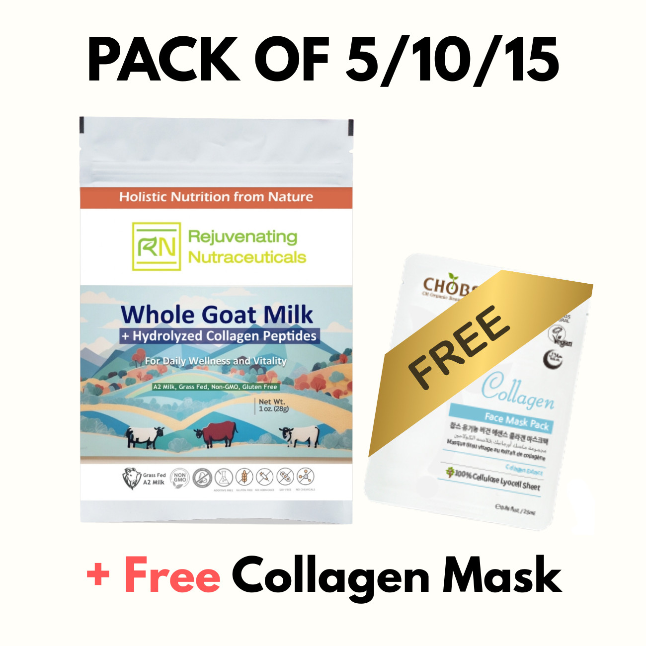 [5 PACK] Grass-Fed Collagen + Whole Goat Milk Pouch *15g Protein* A2 MILK