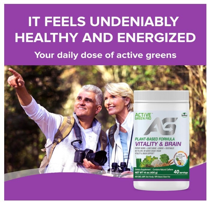 Active Green Pro Vitality & Brain Powder, Blend of Synergistic Herbs/Mushrooms/V