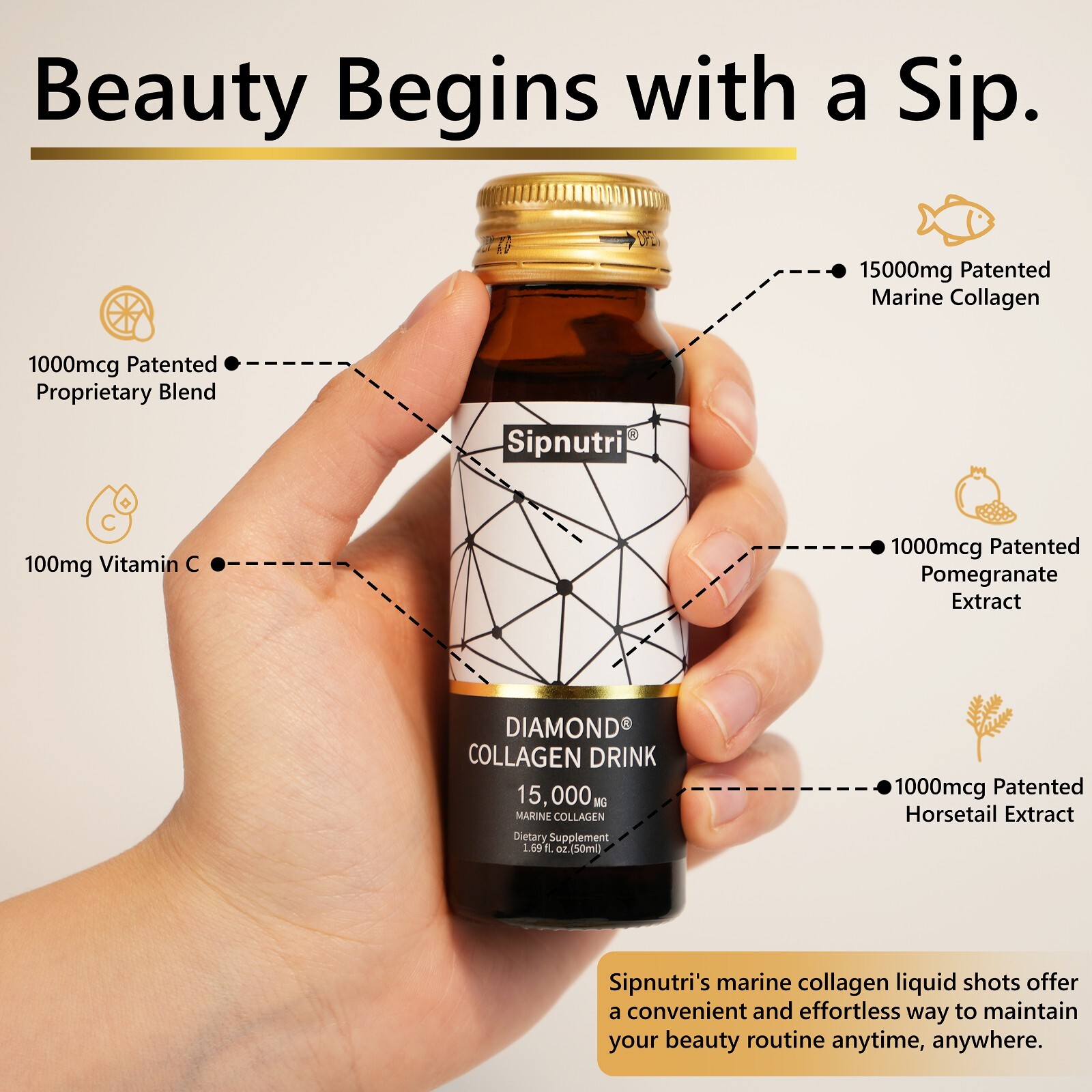 Sipnutri Liquid Collagen Drink 15000mg Hydrolyzed Marine Fish Collagen 1 Box