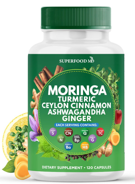 Superfood MD Moringa Supplement Turmeric Ginger Boswellia Saffron Basil 120 Caps