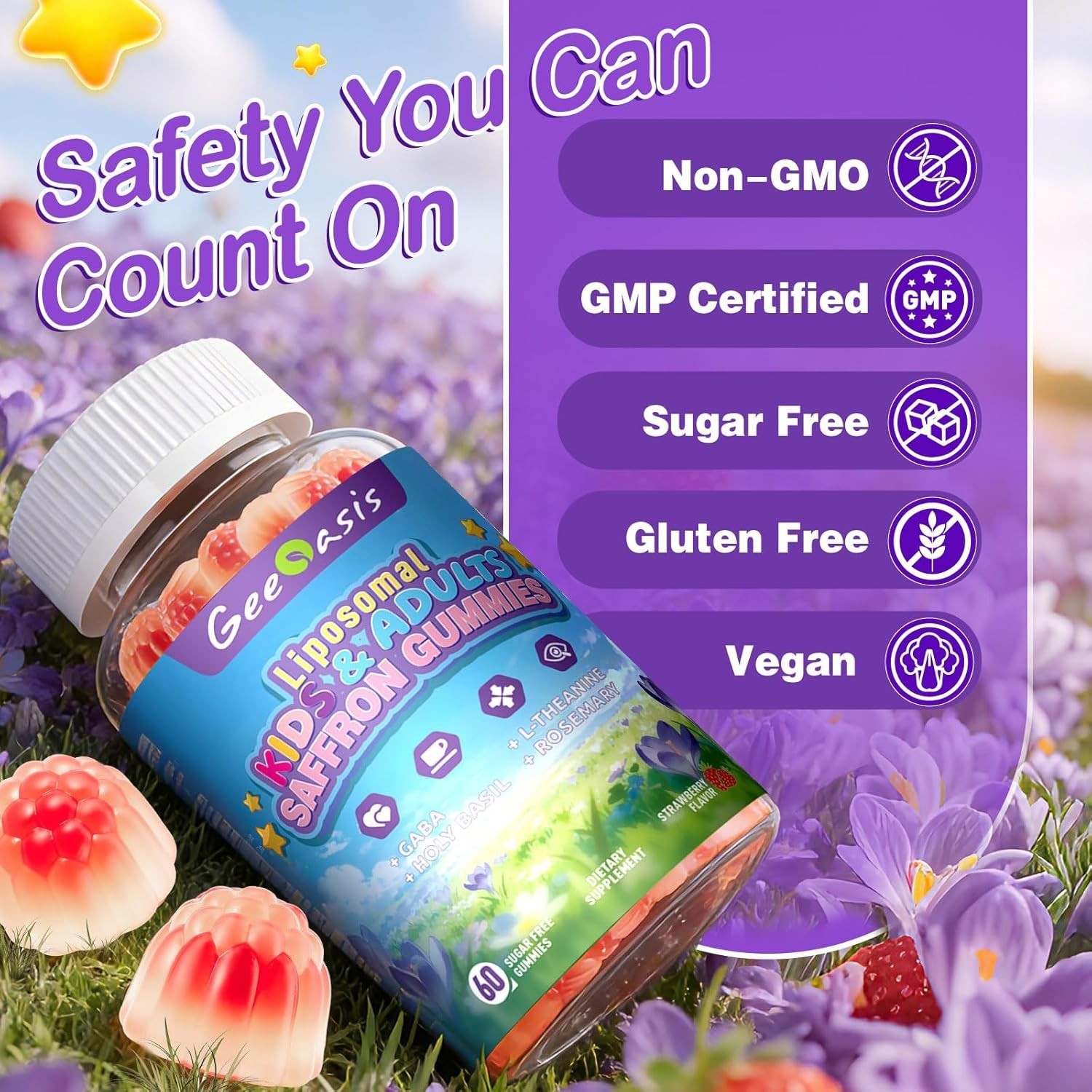 Liposomal Saffron Gummies Focus & Brain Support – L-Theanine GABA Omega-3 – 60ct