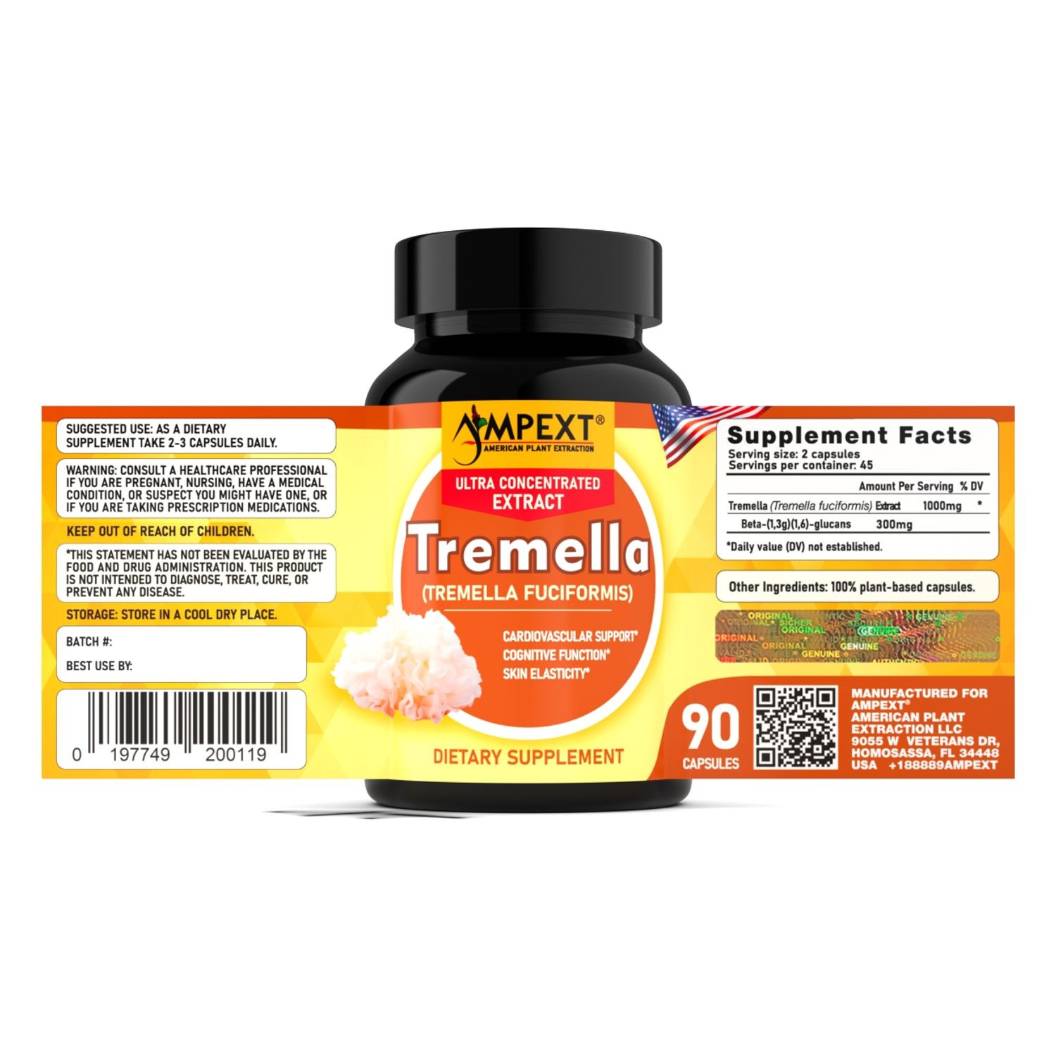 Tremella Extract – Only Fruiting Bodies, Over 30% Beta-Glucans, 90 caps