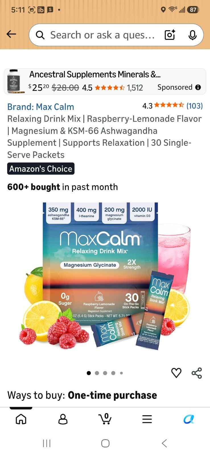 Max Calm Relaxing Drink Mix Magnesium Glycinate + KSM-66 Raspberry-Lemonade 30ct