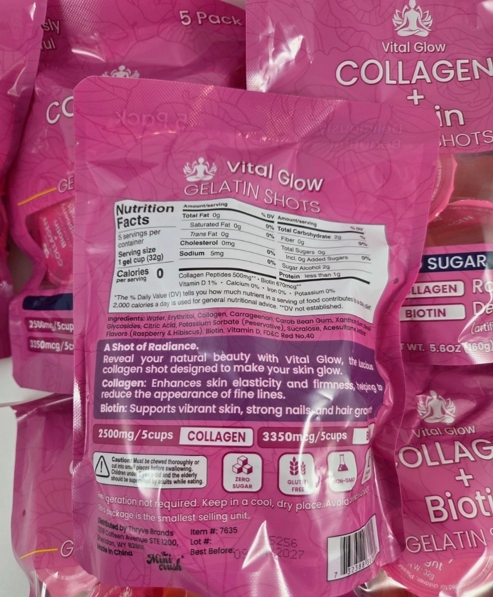Lot Of 7 Vital Glow Collagen + Biotin Gelatin Shots 5 Pack Raspberry Zero Sugar