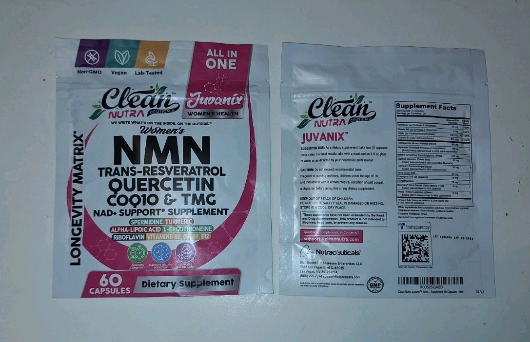 Clean Nutra Juvanix NMN Resveratrol Quercetin CoQ10 60ct Vegan Set Of Two