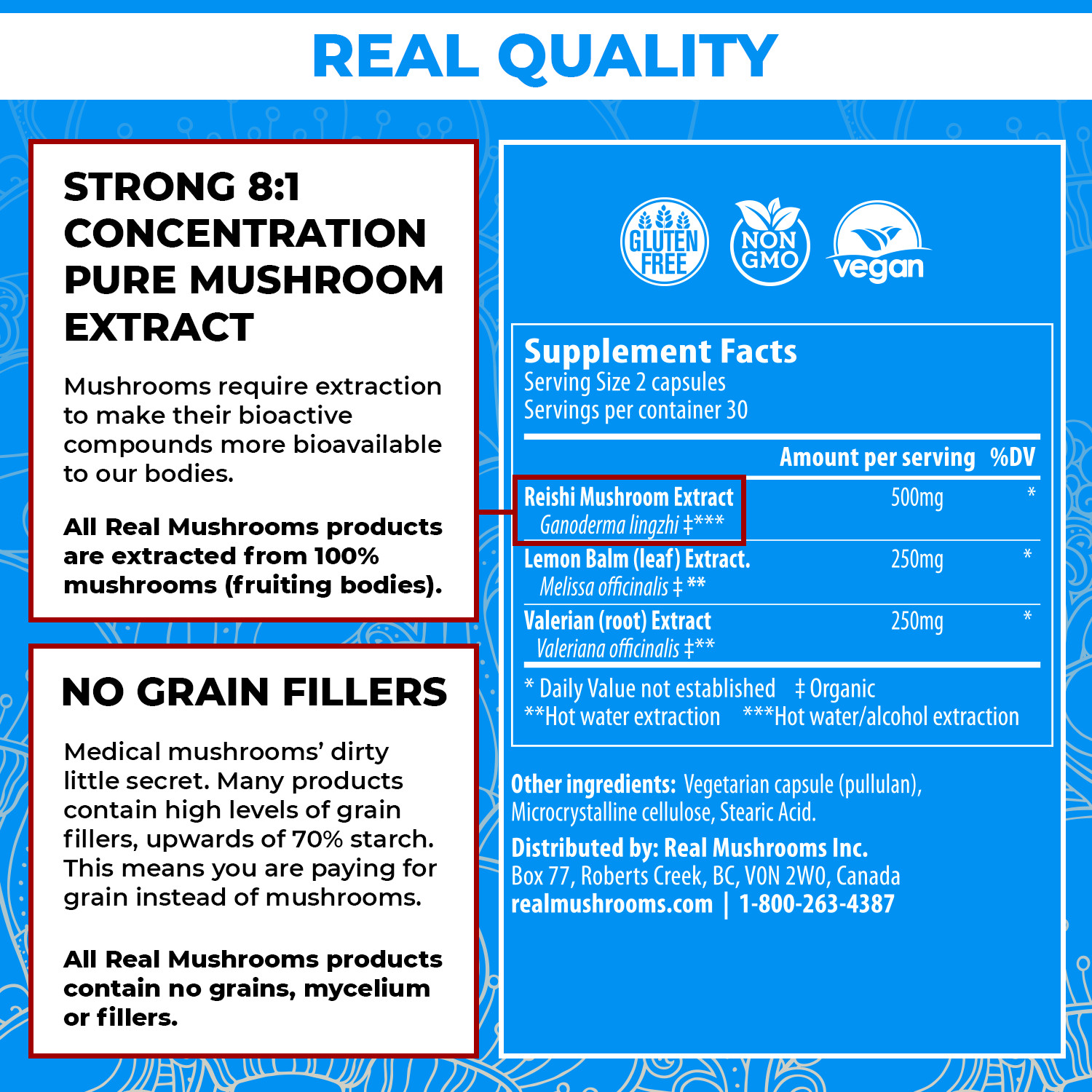 Real Mushrooms RealRest Reishi Valerian Lemon Balm Herb Extracts 60 Caps NEW
