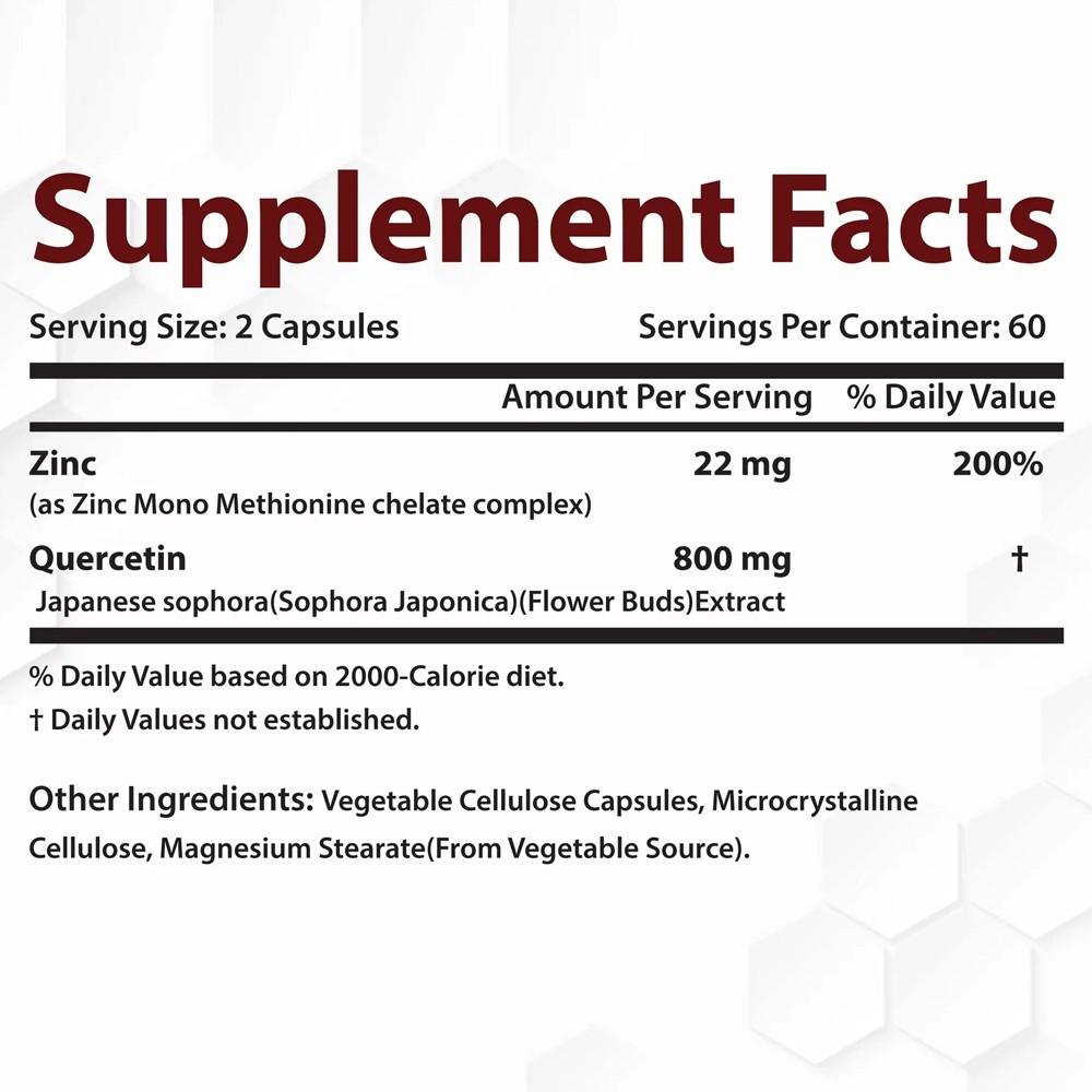 Zinc Quercetin Immune 800 mg Quercetin for Immune&Respiratory Health 30~120 Caps