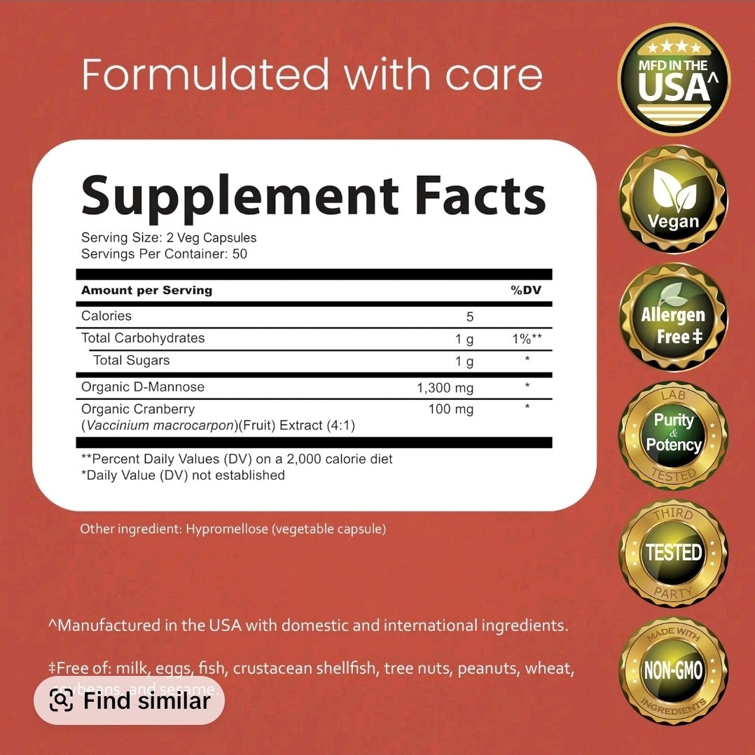 NaturaLife Labs D-Mannose 1300mg w/ Cranberry Extract 100 Veg Capsules Vegan
