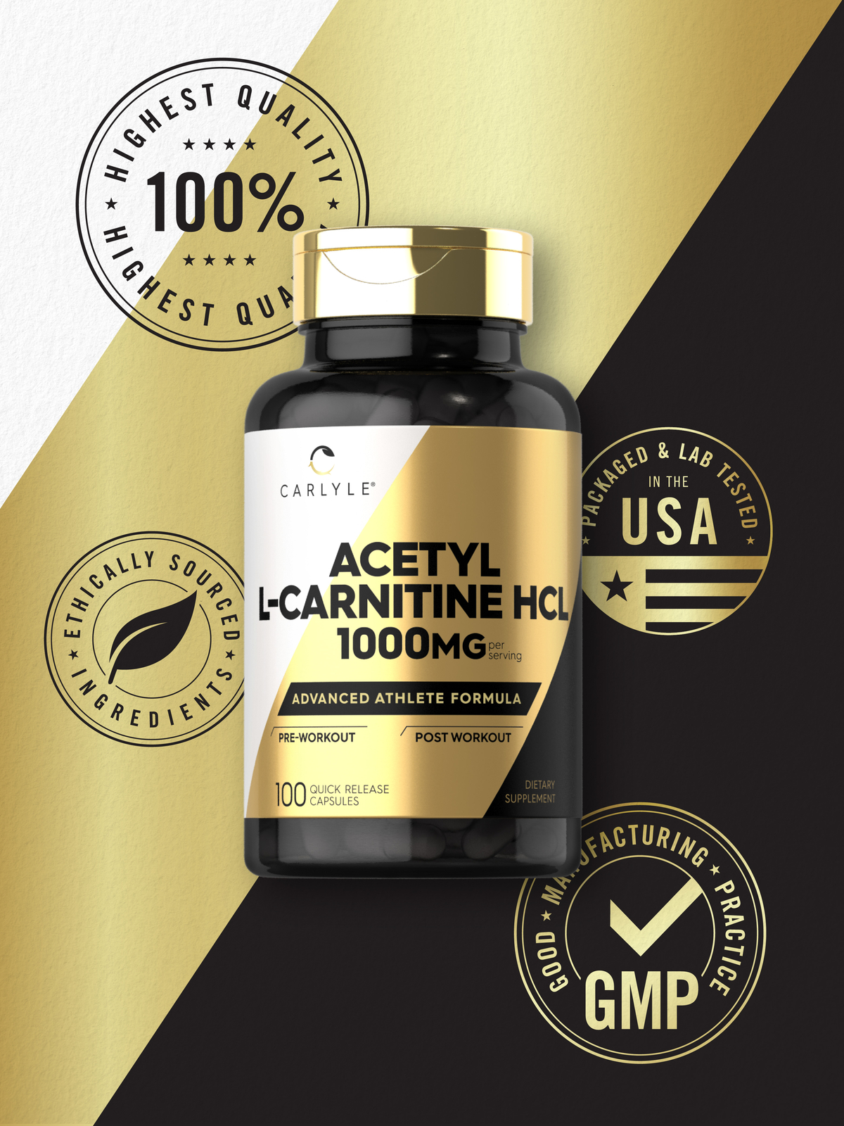 Acetyl L-Carnitine HCL 1000mg | 100 Capsules | Non-GMO, Gluten Free | by Carlyle