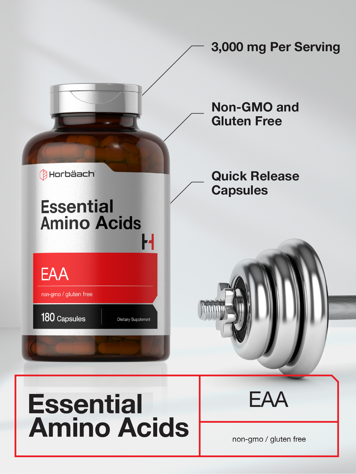 Essential Amino Acids | EAA Supplement | 180 Capsules | Non-GMO | by Horbaach