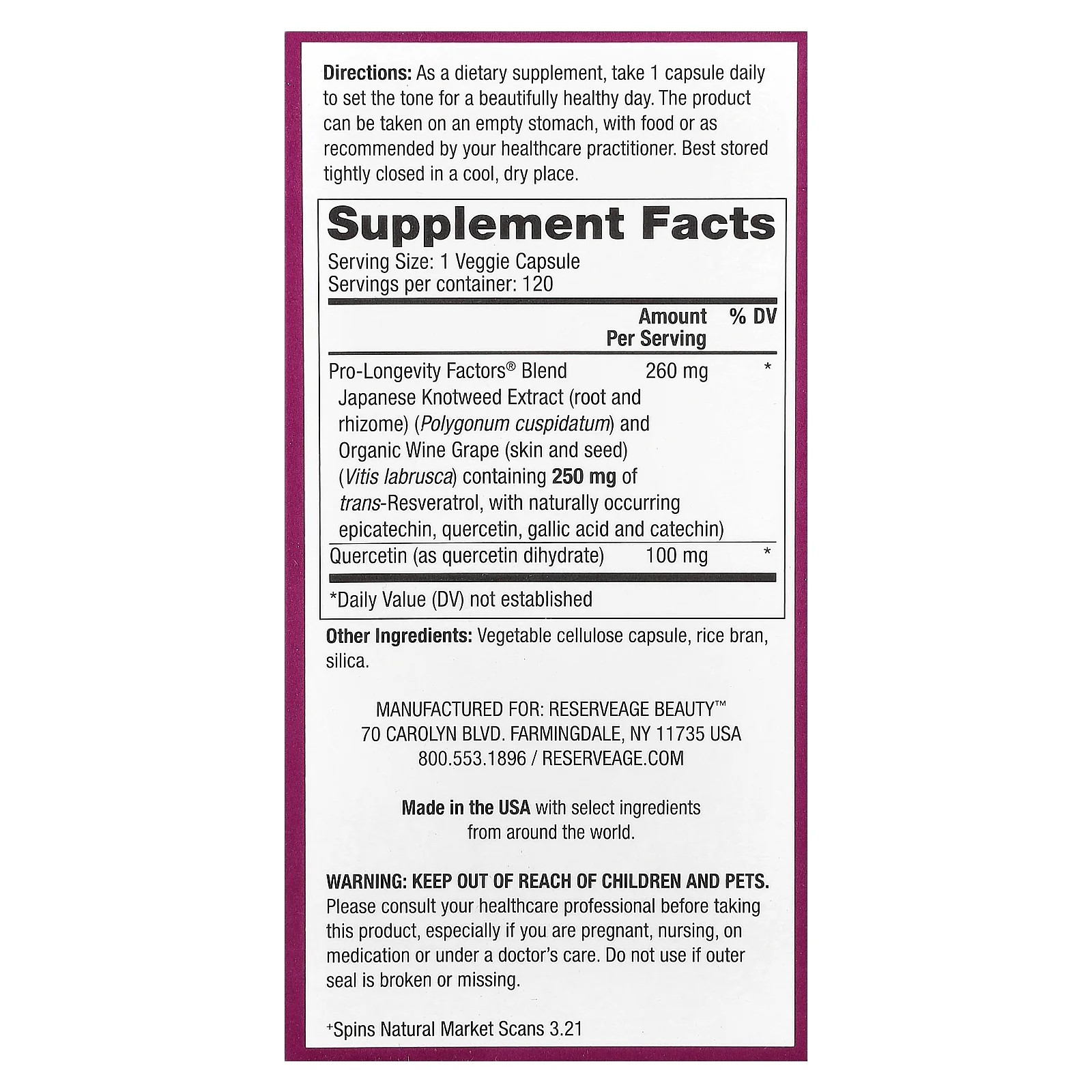 2 X Reserveage Beauty, Resveratrol, 120 Veggie Capsules