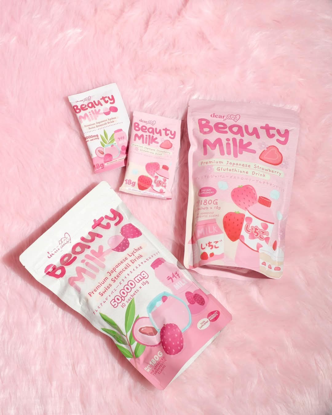 Dear Face Beauty Milk Japanese Collagen STRAWBERRY Drink, 10 Sachets X 18g